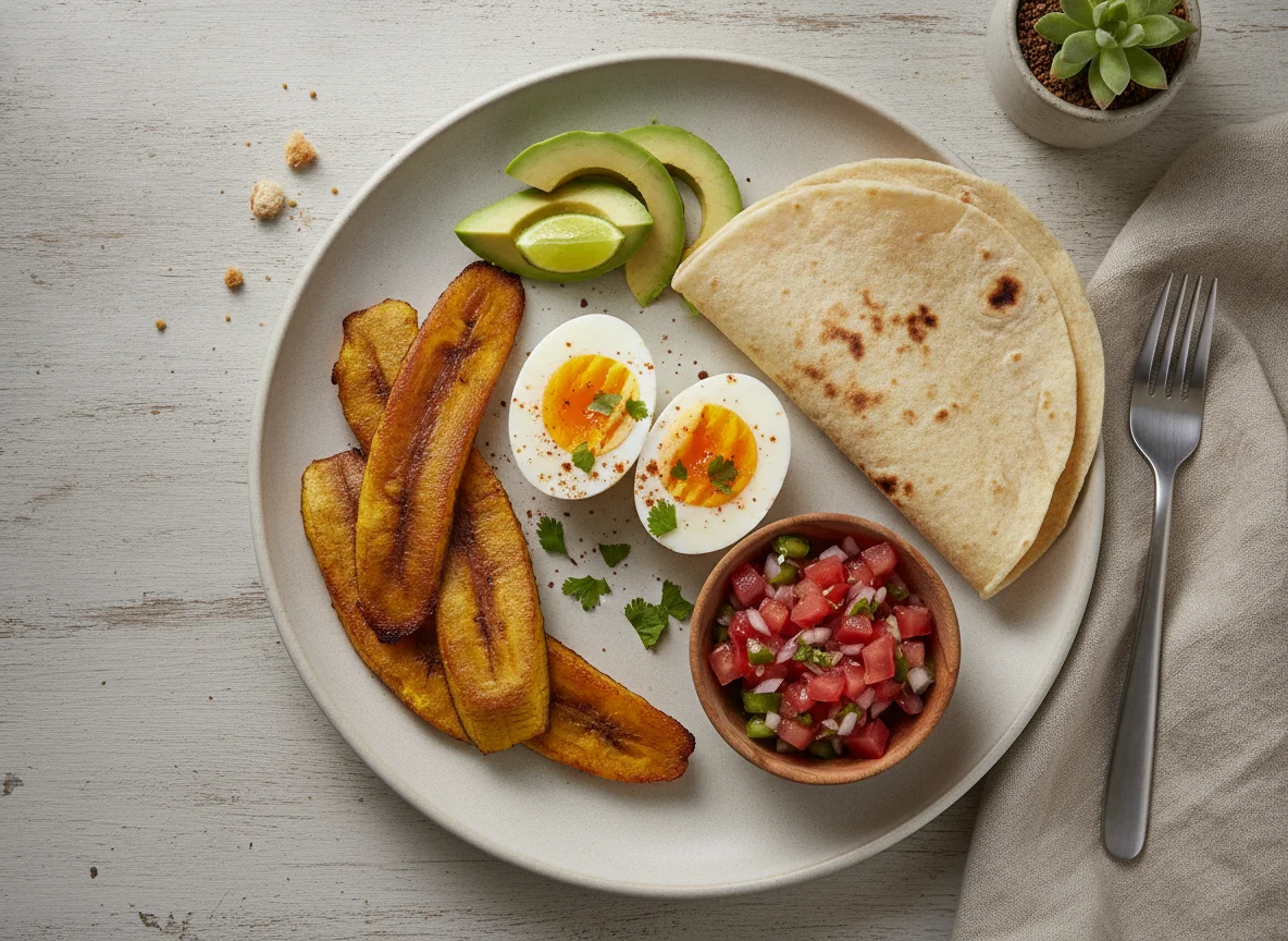 Desayuno con huevos, plátano y tortilla de harina photo