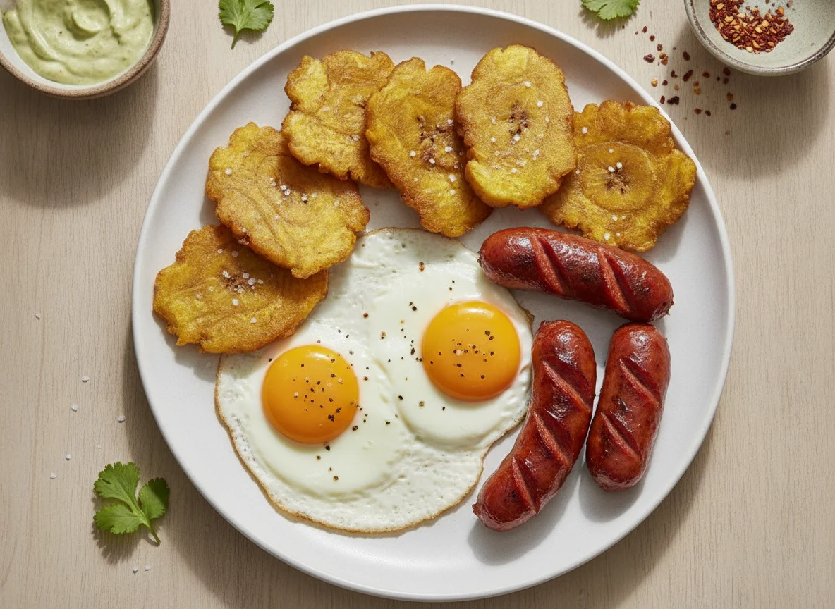 Desayuno con huevos, plátanos fritos y salchicha photo
