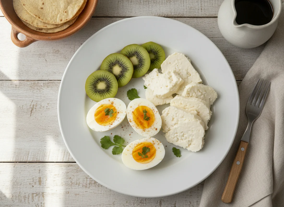 Desayuno con huevos, queso y kiwi photo