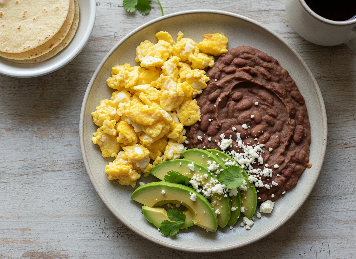 Desayuno con huevos revueltos, aguacate, frijoles refritos y queso fresco photo