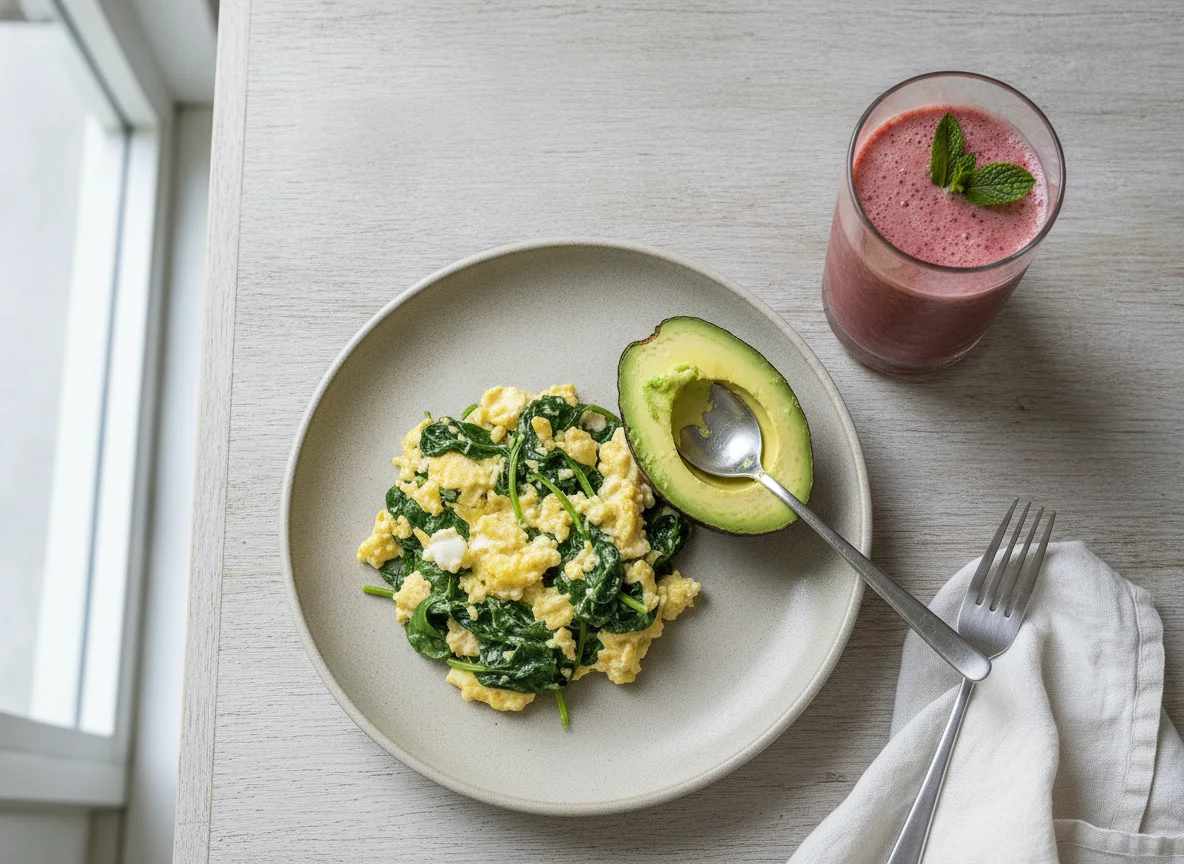 Desayuno con huevos revueltos, aguacate y batido photo