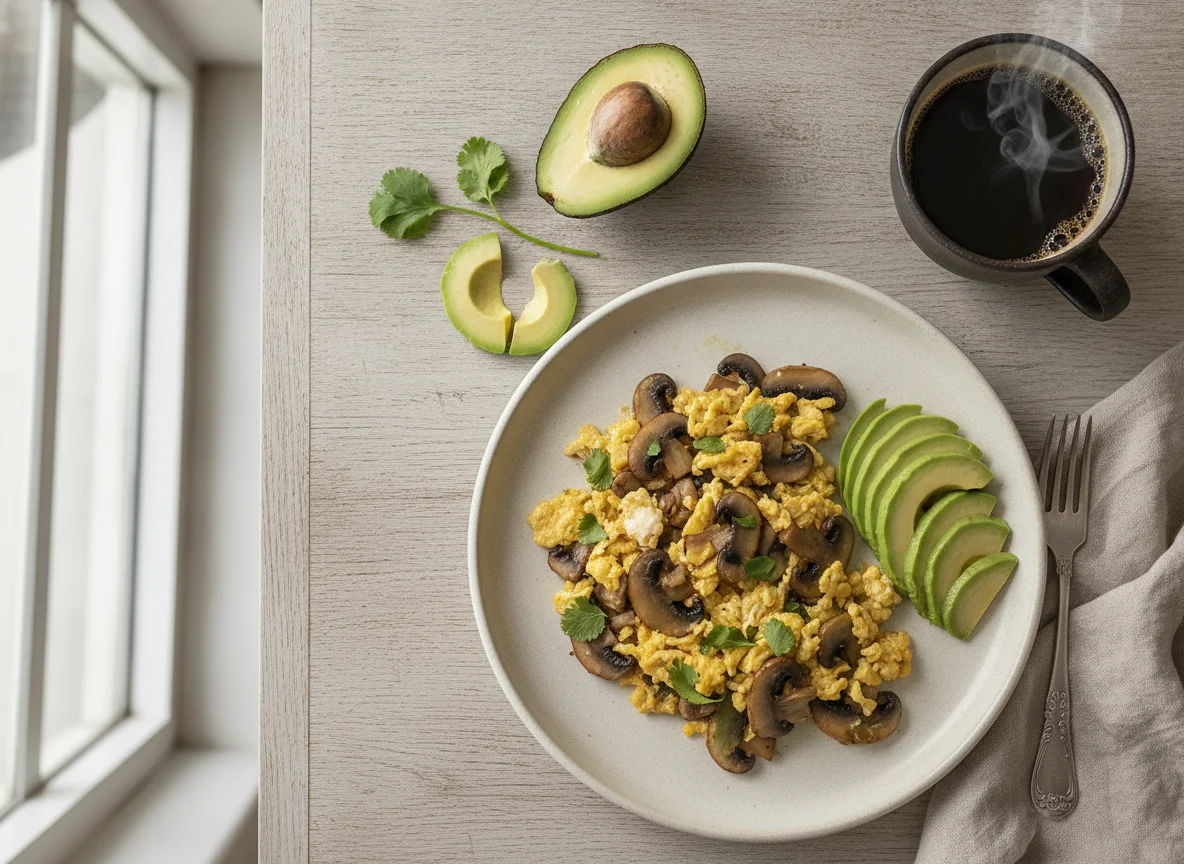 Desayuno con huevos revueltos, aguacate y café photo