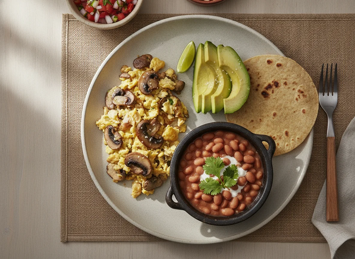 Desayuno con huevos revueltos, aguacate y frijoles photo
