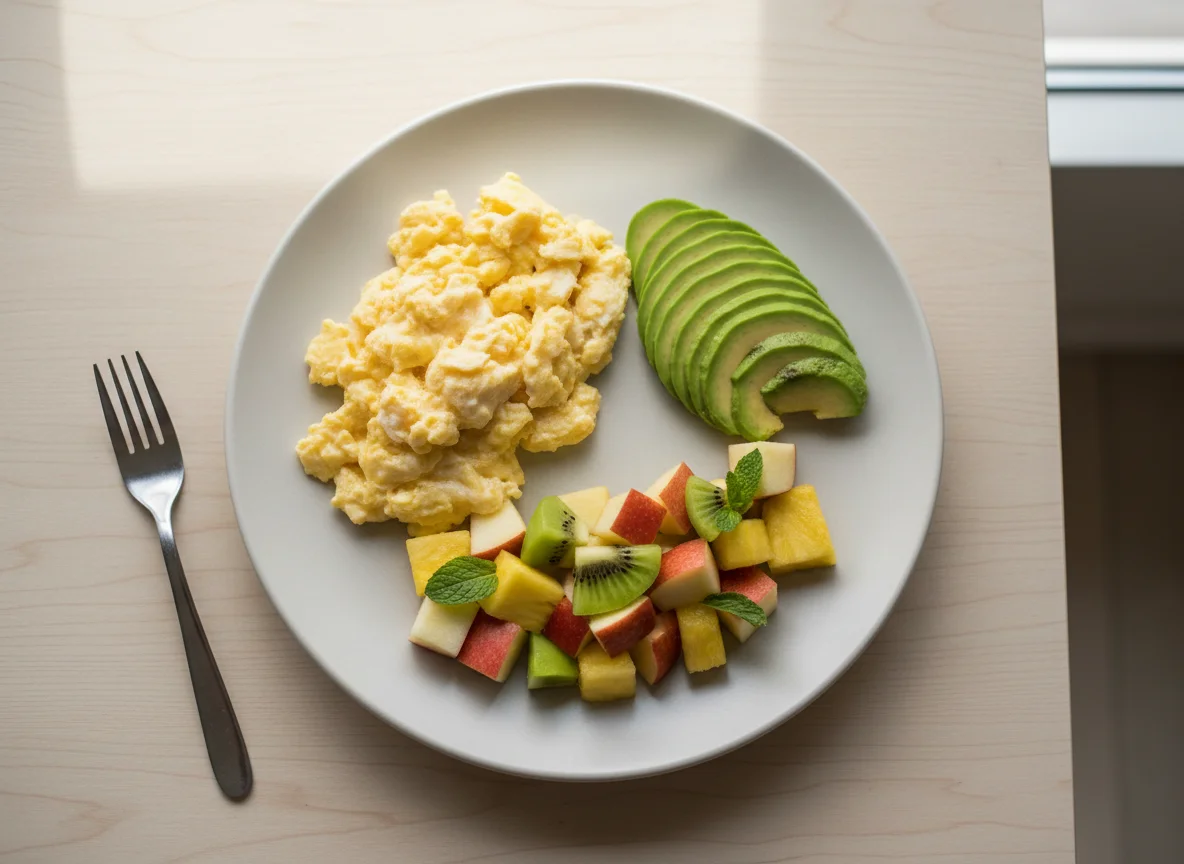 Desayuno con huevos revueltos, aguacate y macedonia de frutas photo