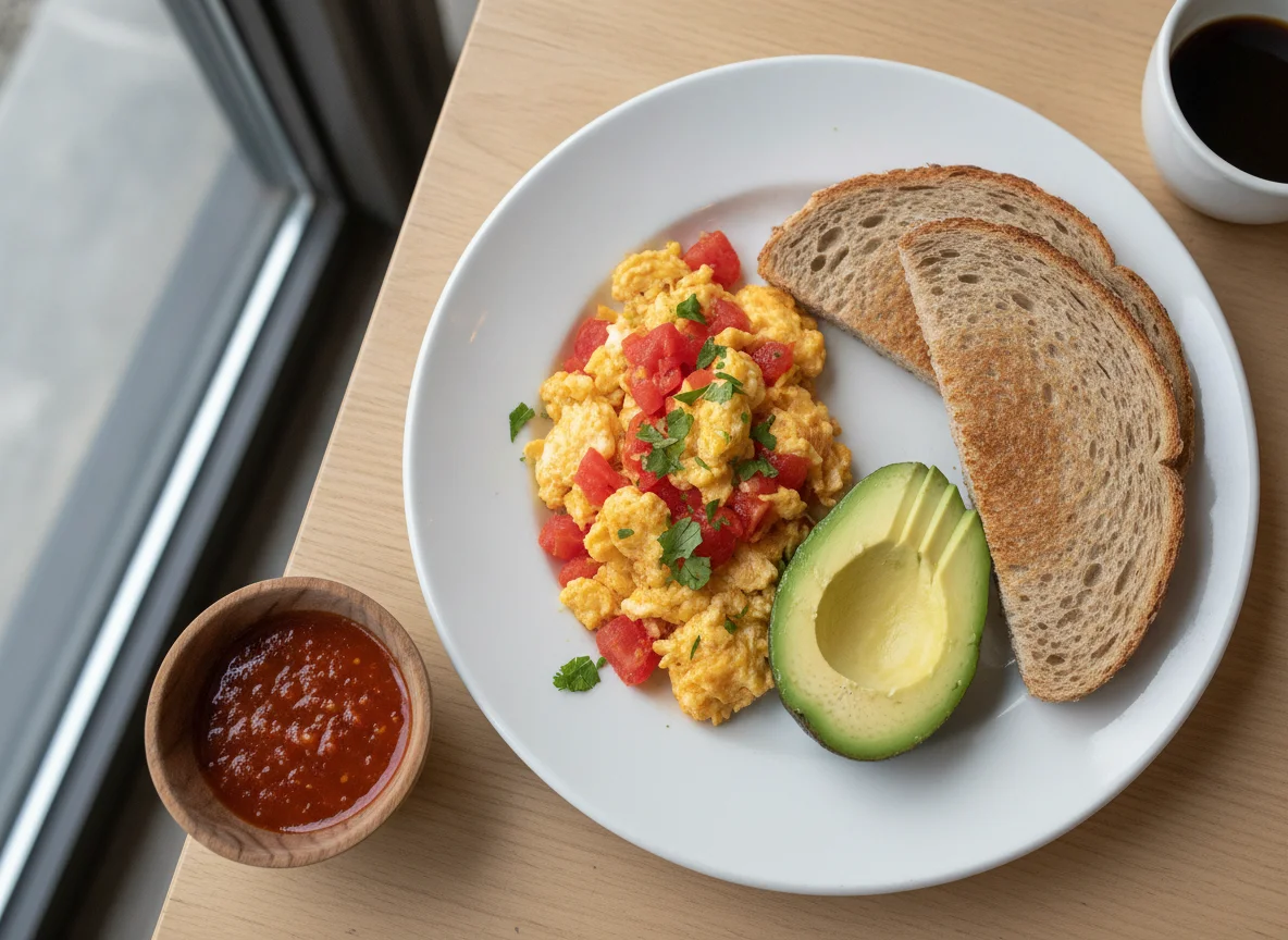 Desayuno con huevos revueltos, aguacate y pan integral photo