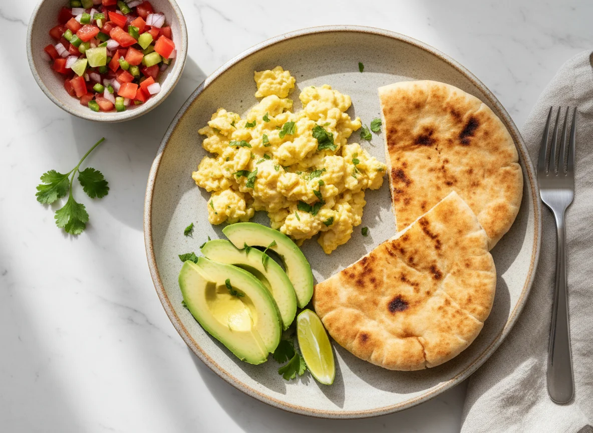 Desayuno con huevos revueltos, aguacate y pan pita photo