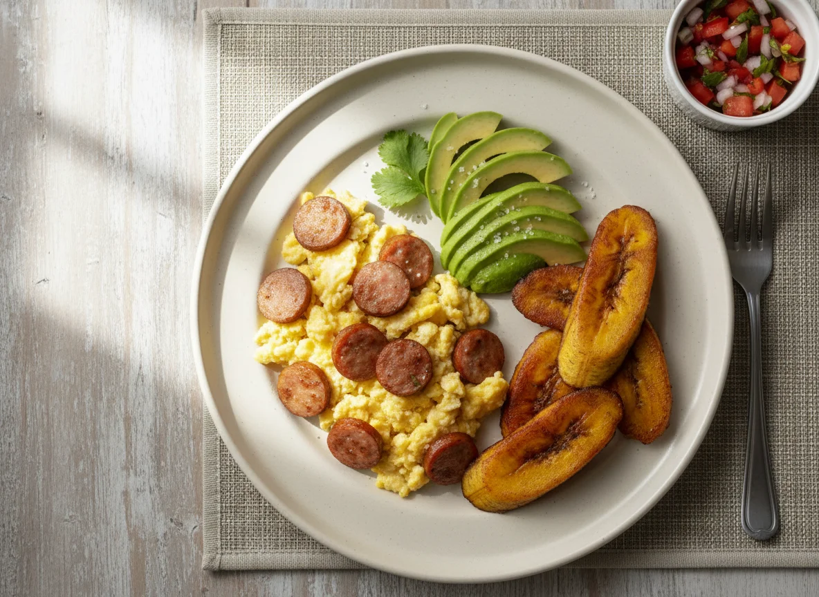 Desayuno con huevos revueltos, aguacate y plátano photo