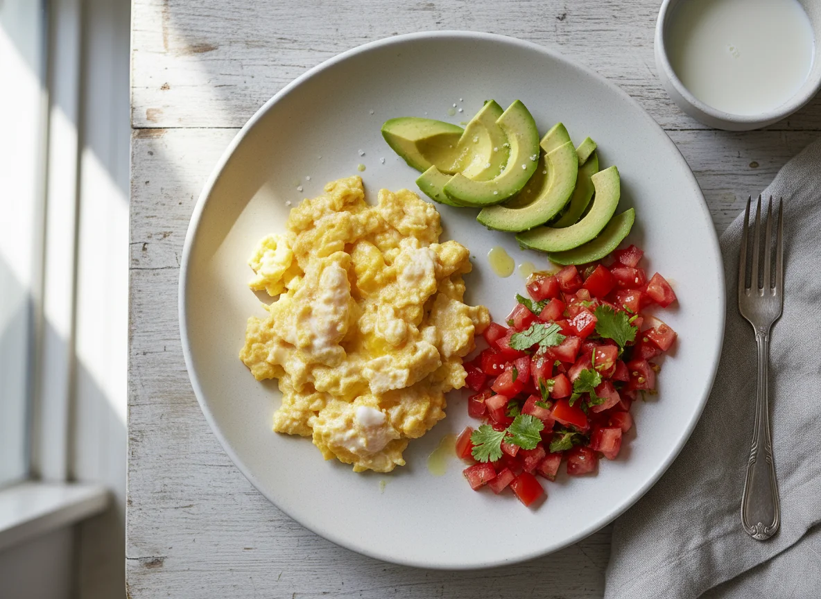 Desayuno con huevos revueltos, aguacate y tomate photo