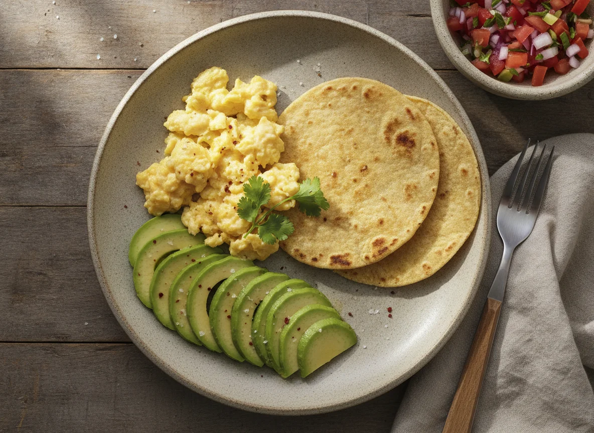 Desayuno con huevos revueltos, aguacate y tortilla photo