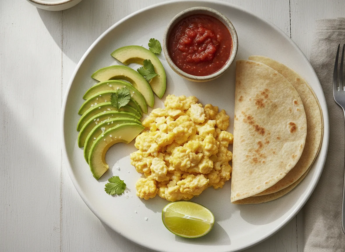 Desayuno con huevos revueltos, aguacate y tortillas photo