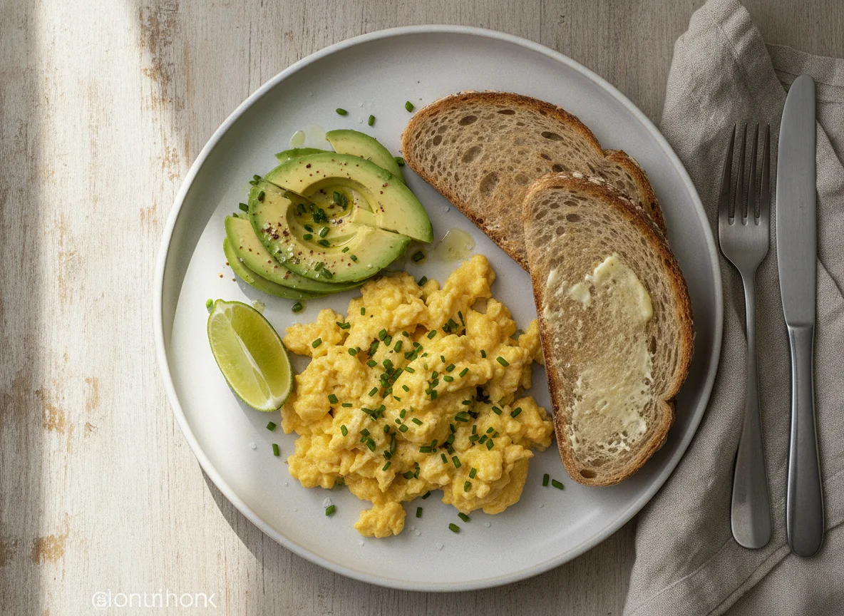 Desayuno con huevos revueltos, aguacate y tostada photo