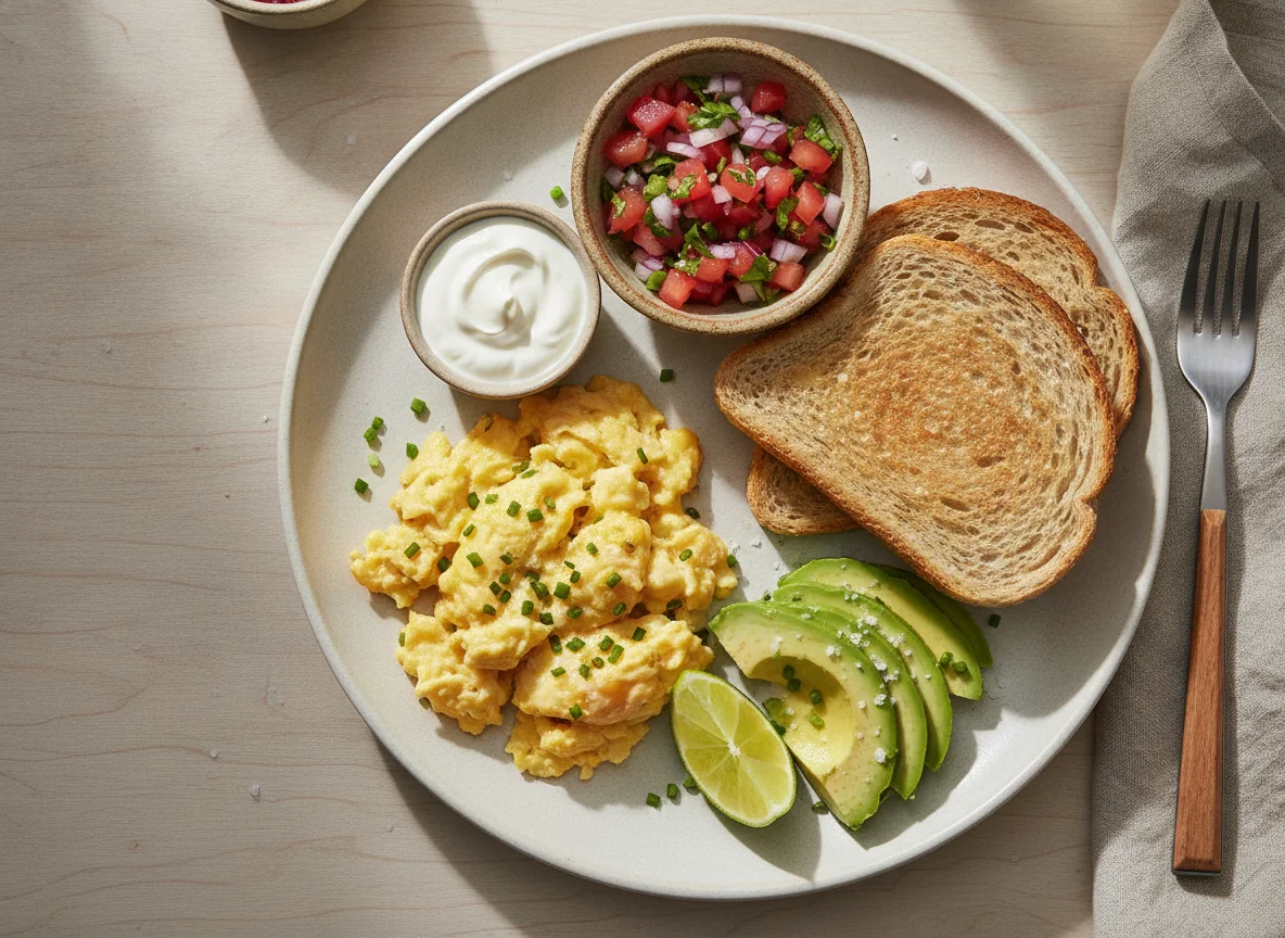 Desayuno con huevos revueltos, aguacate y tostada integral photo