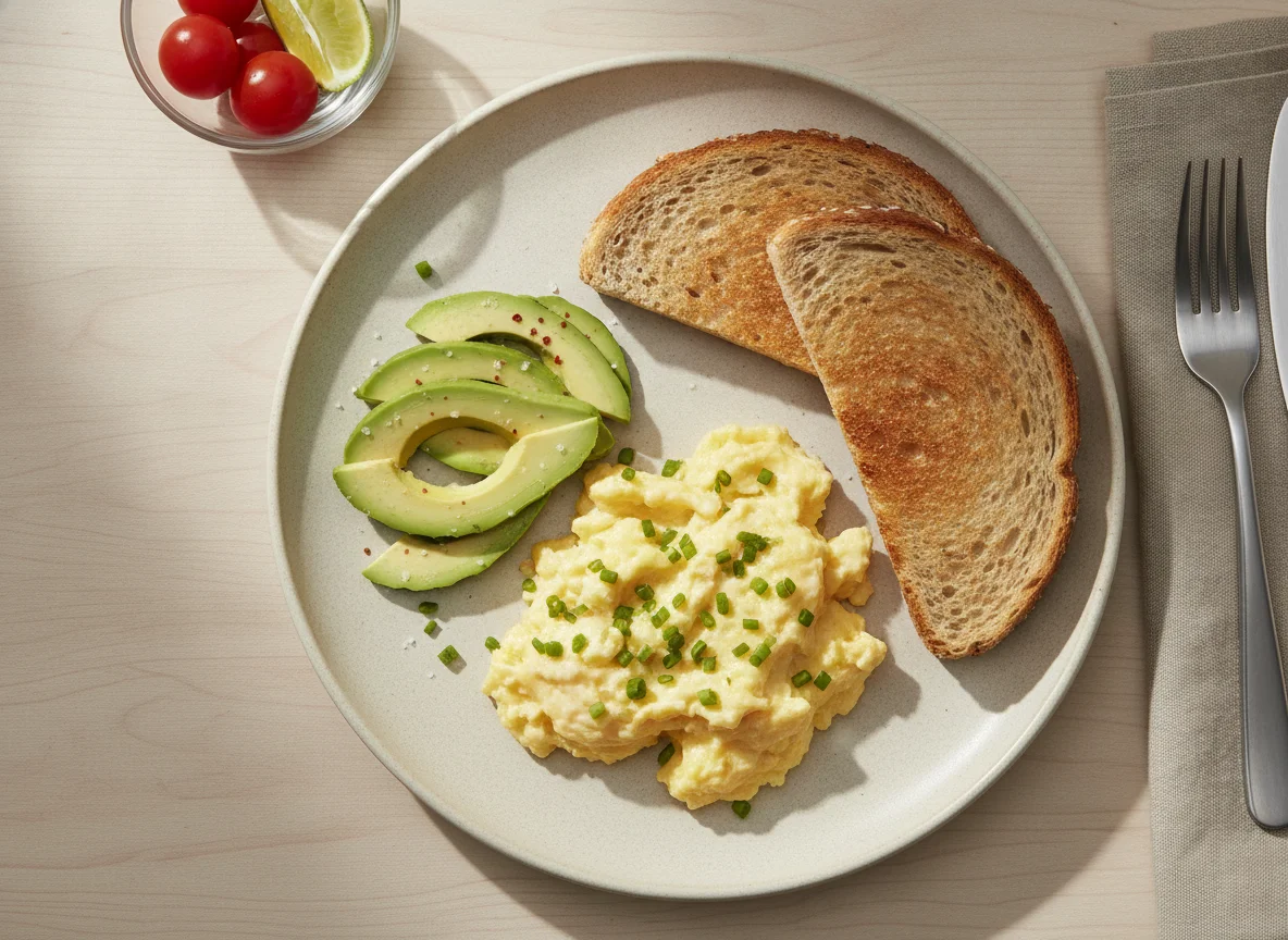 Desayuno con huevos revueltos, aguacate y tostadas photo