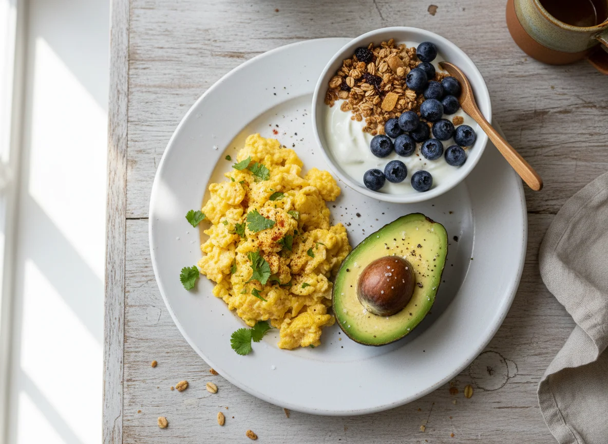Desayuno con huevos revueltos, aguacate y yogur con arándanos y granola photo