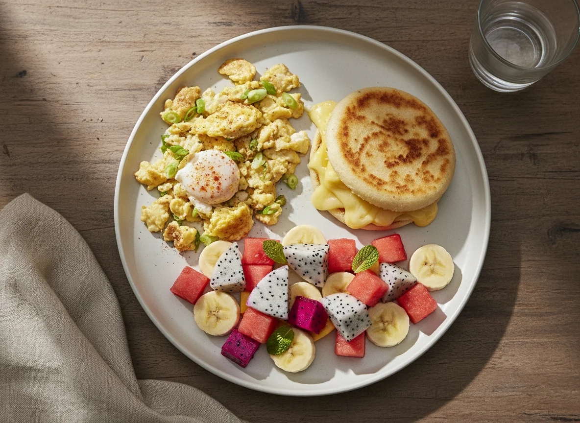 Desayuno con huevos revueltos, arepa con queso y ensalada de frutas photo
