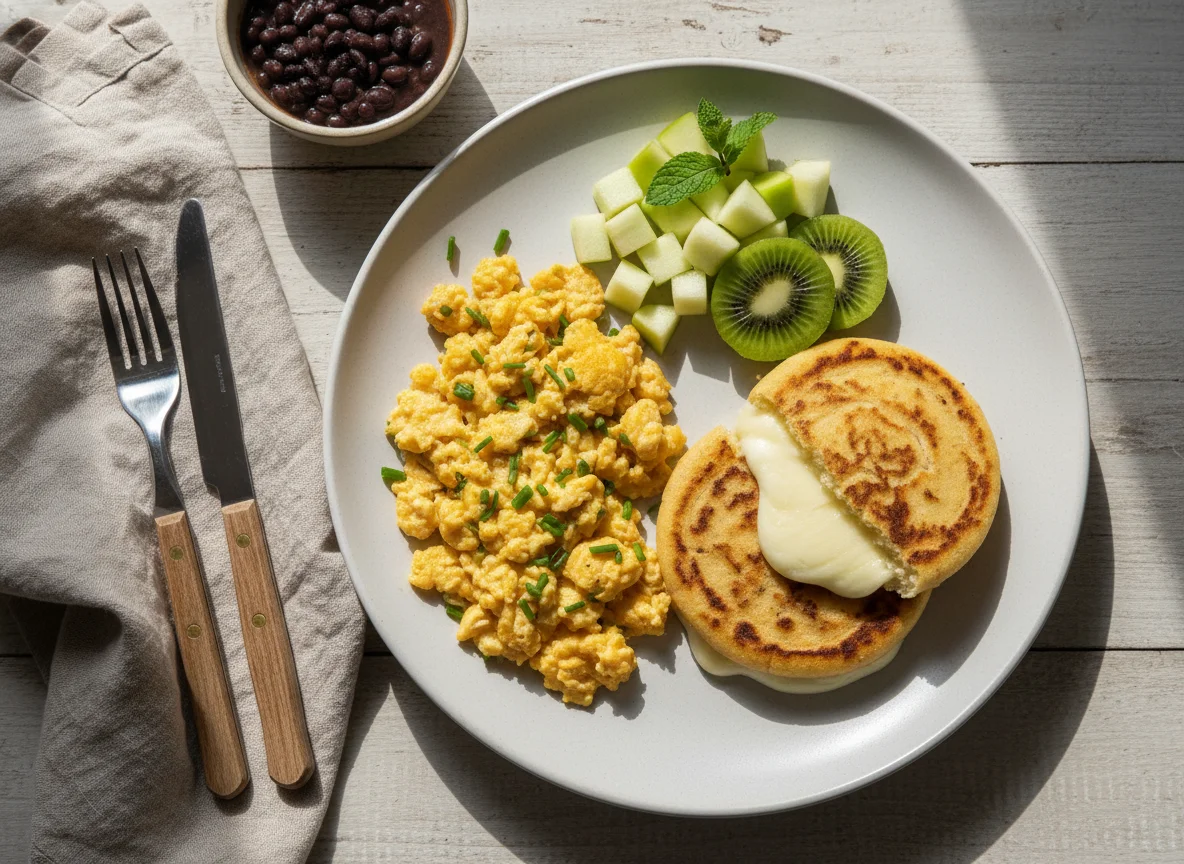 Desayuno con huevos revueltos, arepa con queso y fruta photo