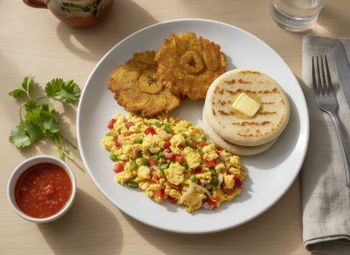 Desayuno con huevos revueltos, arepa y patacón photo