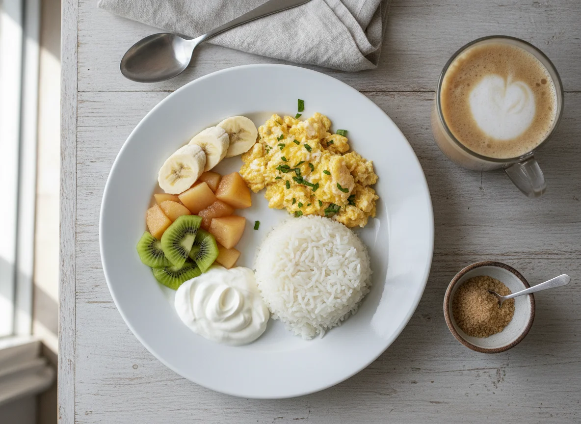 Desayuno con huevos revueltos, arroz, fruta y café con leche photo