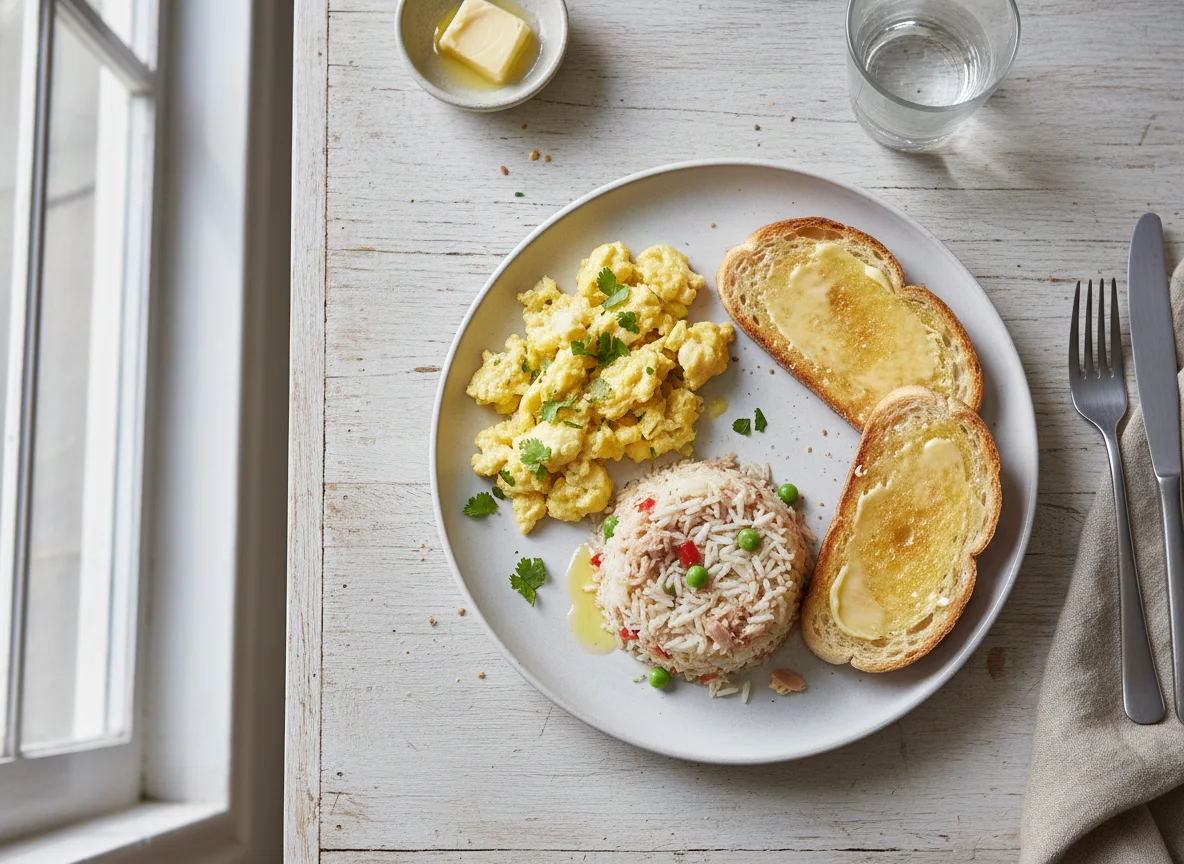 Desayuno con huevos revueltos, arroz y tostada photo