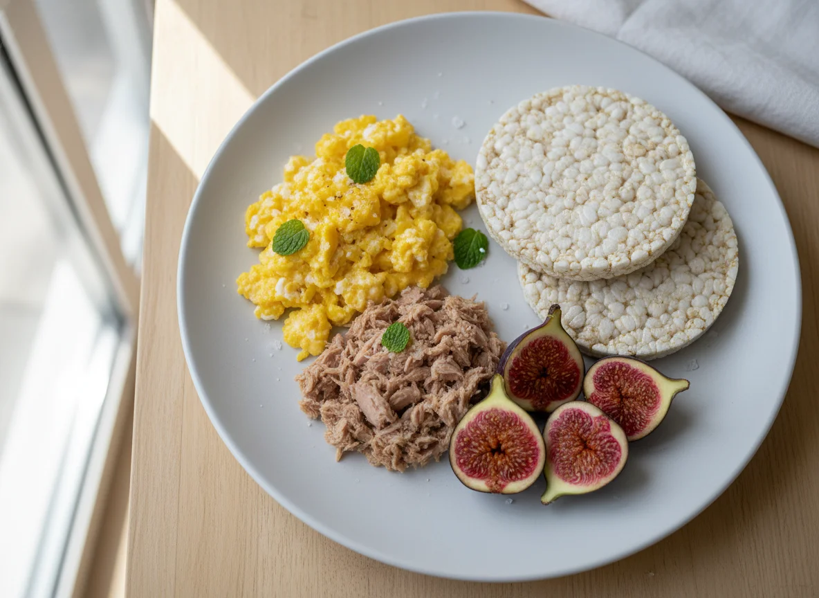 Desayuno con huevos revueltos, atún, tortitas de arroz e higos photo