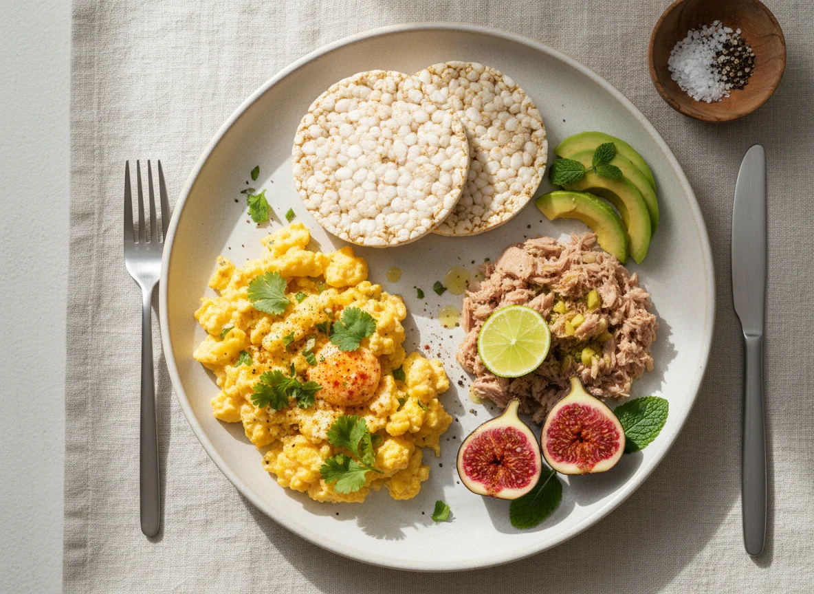 Desayuno con huevos revueltos, atún, tortitas de arroz y higos photo