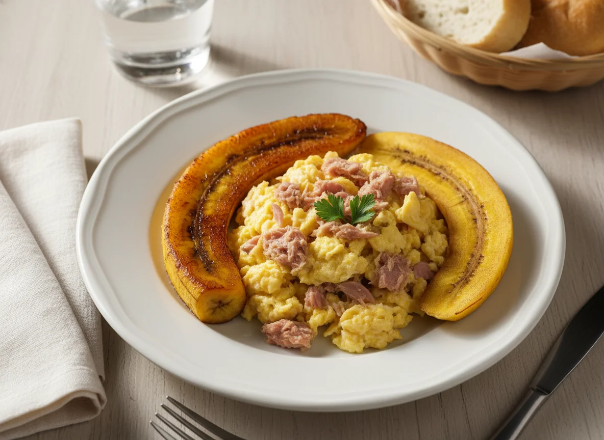 Desayuno con huevos revueltos, atún y plátanos photo