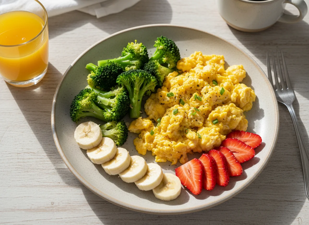 Desayuno con huevos revueltos, brócoli y frutas photo