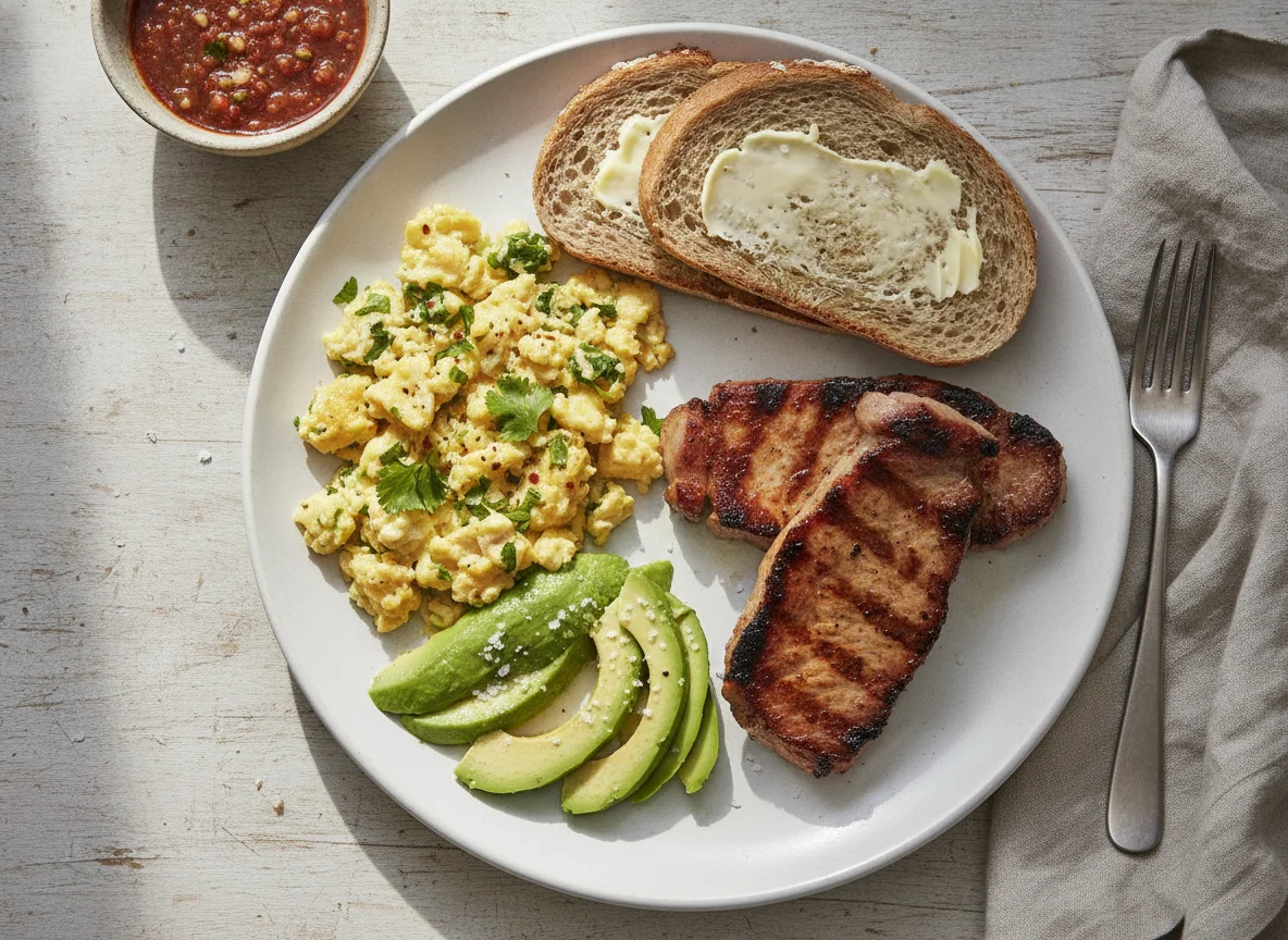 Desayuno con huevos revueltos, carne, pan integral y aguacate photo