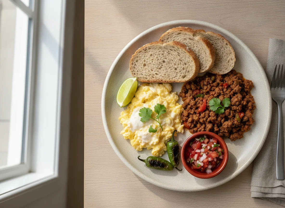 Desayuno con huevos revueltos, carne picada y pan photo