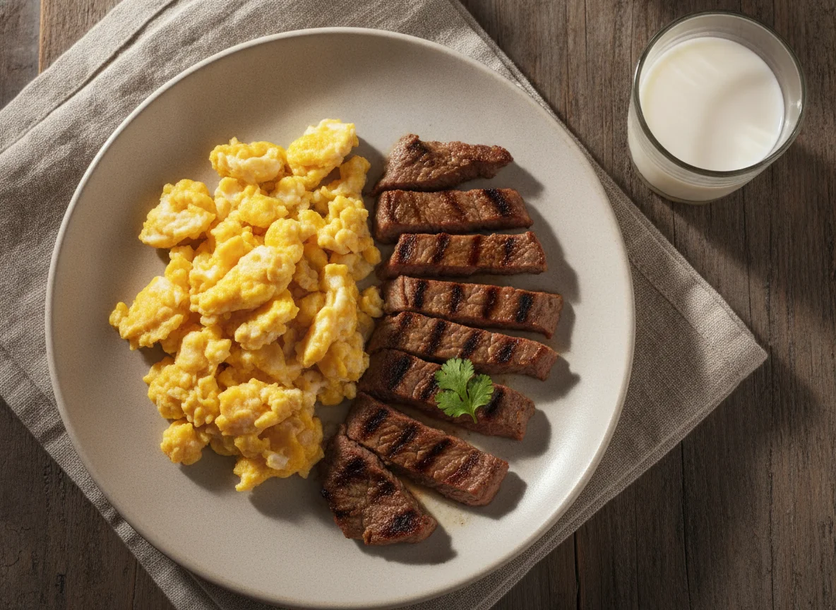 Desayuno con huevos revueltos, carne y leche photo