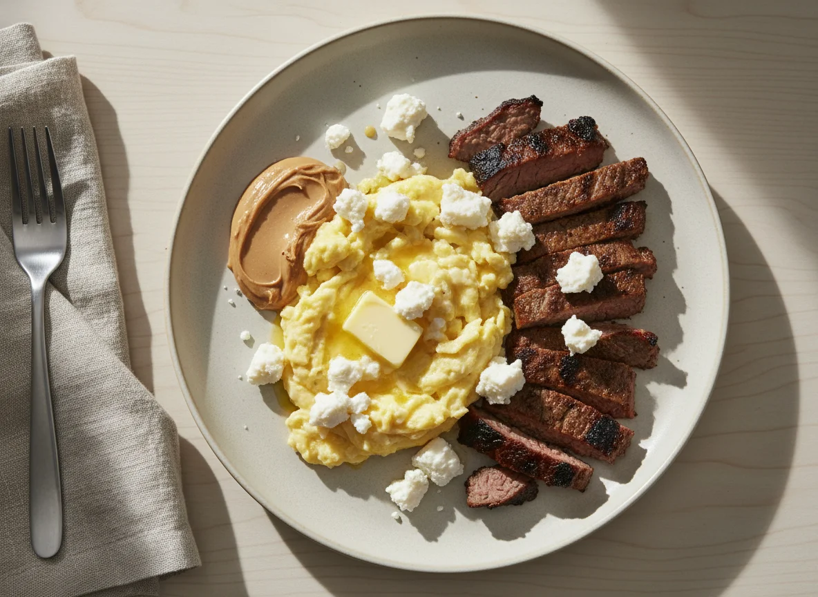 Desayuno con huevos revueltos, carne y queso photo