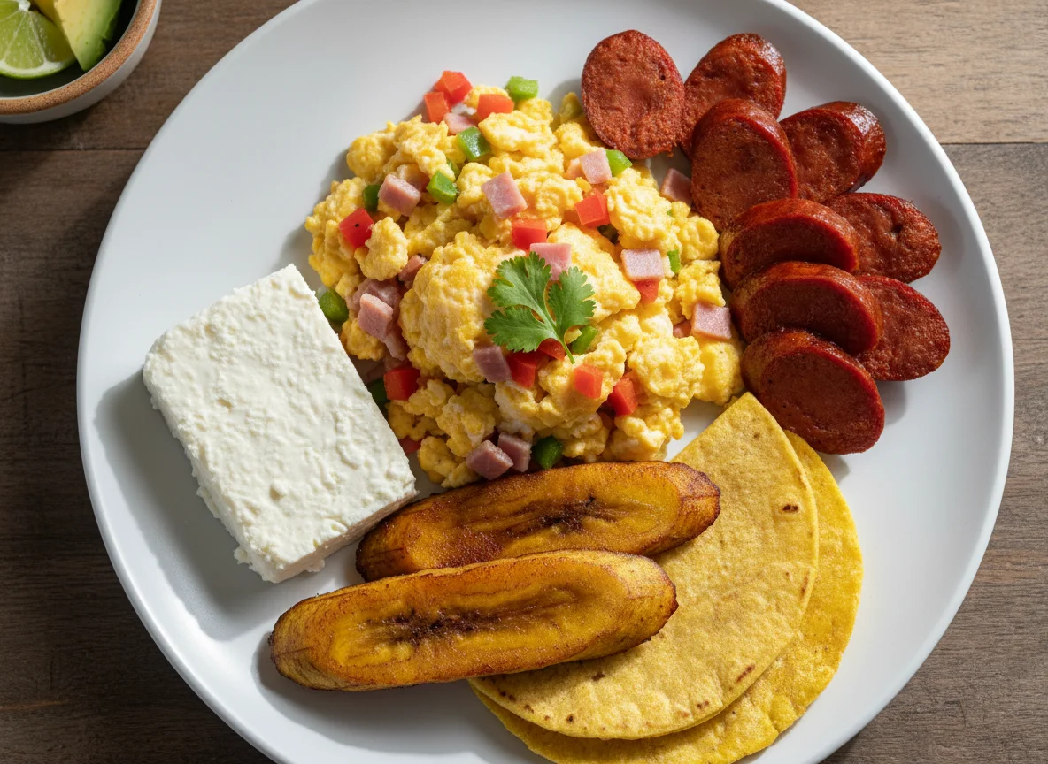 Desayuno con huevos revueltos, chorizo, queso y plátano photo