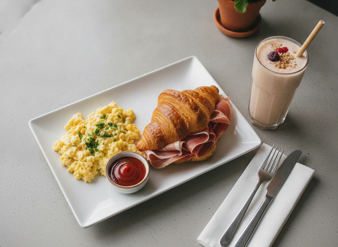 Desayuno con huevos revueltos, croissant de jamón y batido photo