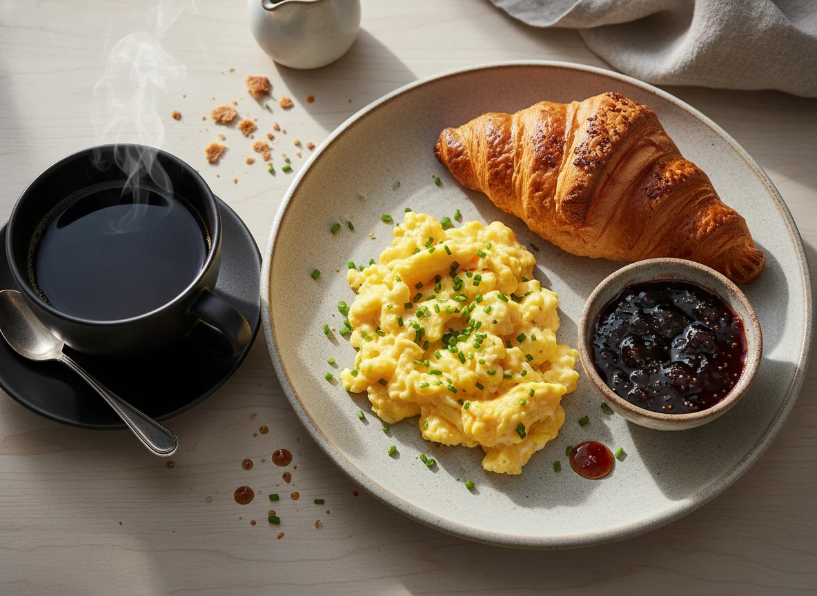 Desayuno con huevos revueltos, croissant, dulce de higo y café photo