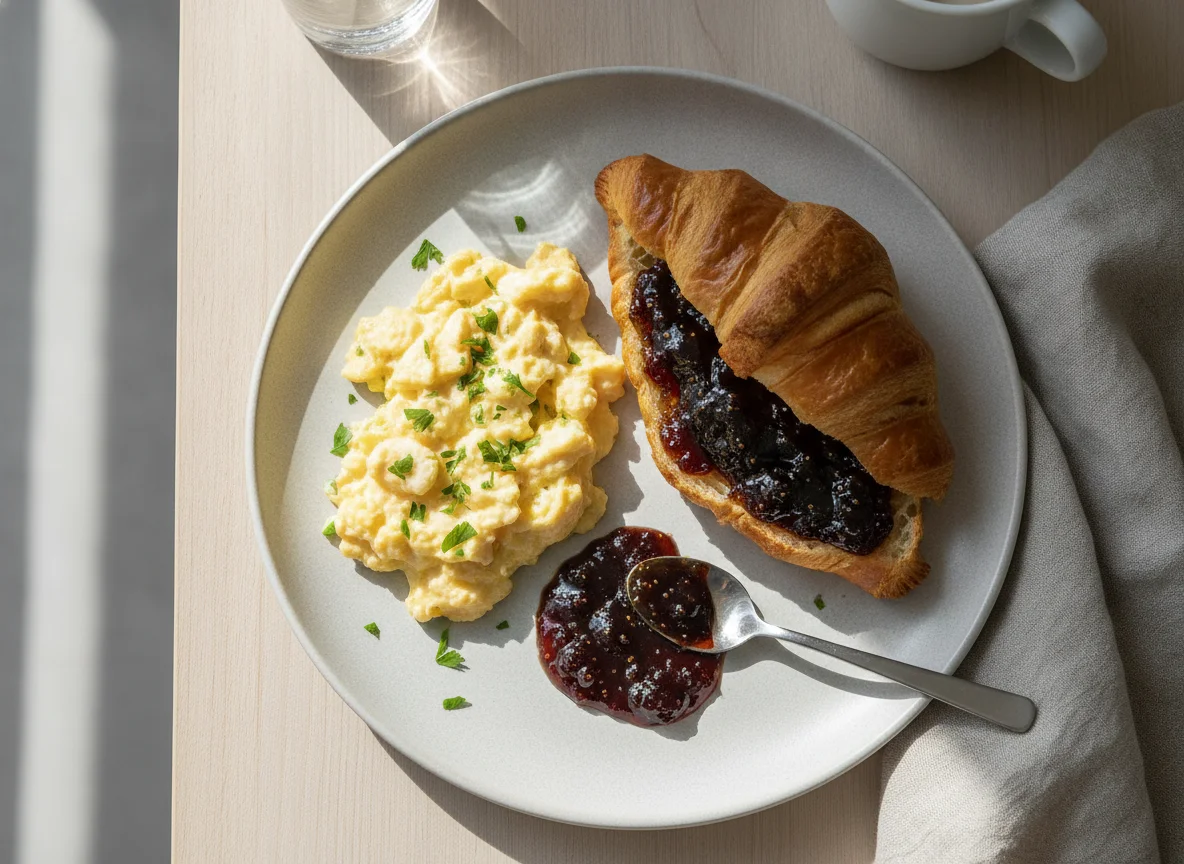 Desayuno con huevos revueltos, croissant y dulce de higo photo