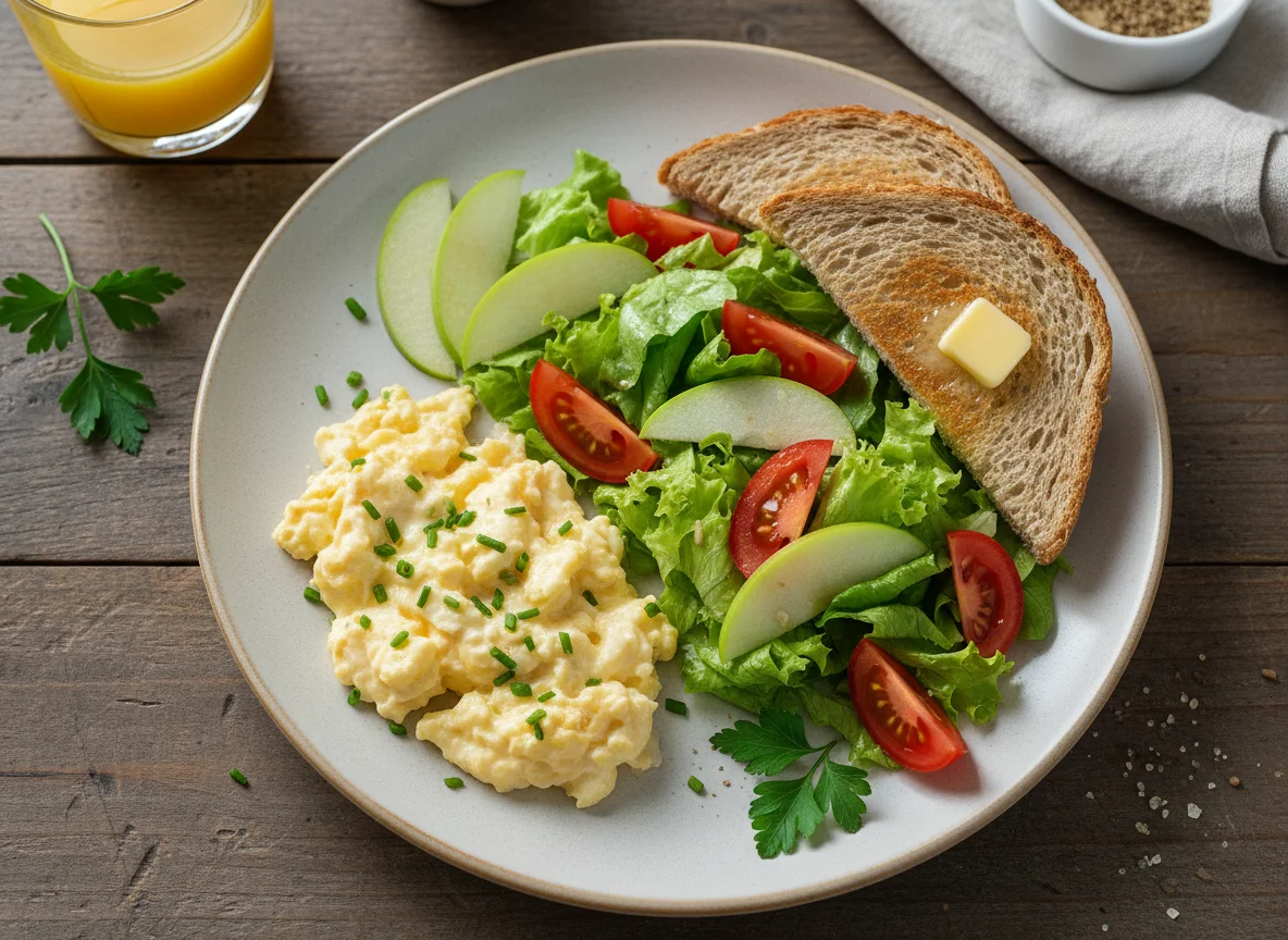Desayuno con huevos revueltos, ensalada y tostada photo