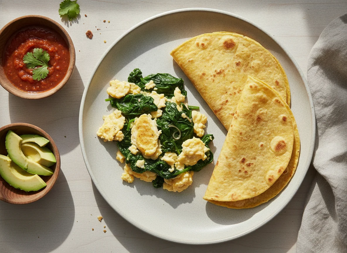 Desayuno con huevos revueltos, espinacas y tortilla photo