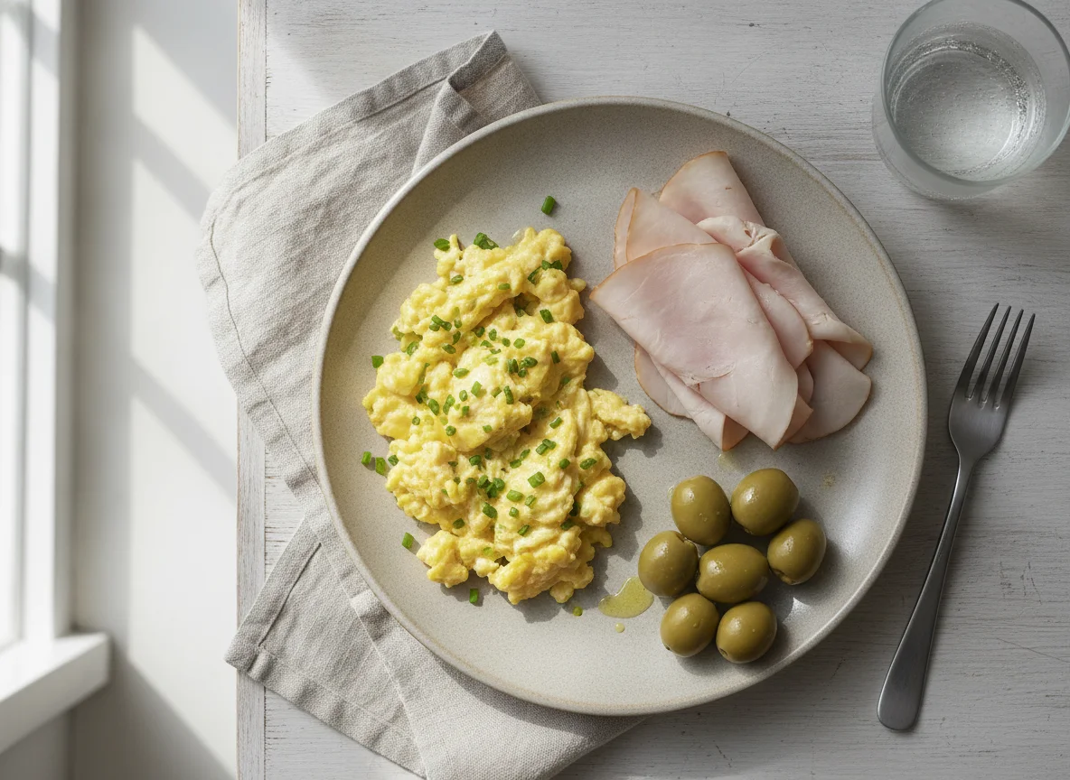 Desayuno con huevos revueltos, fiambre y aceitunas photo