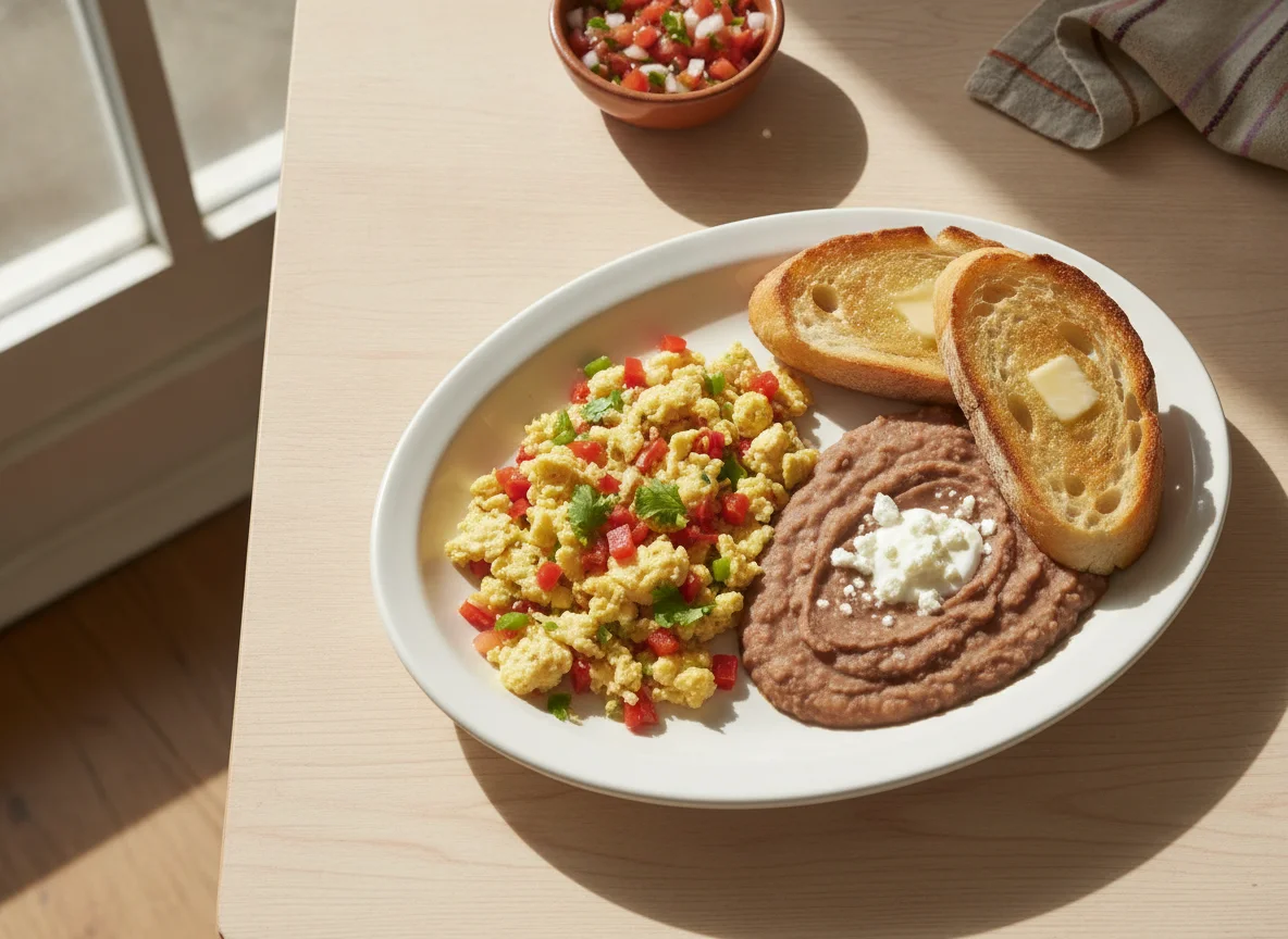 Desayuno con huevos revueltos, frijoles refritos y pan tostado photo