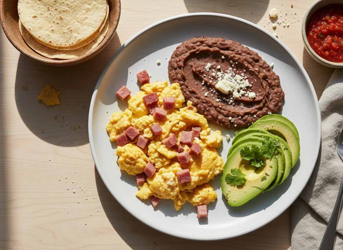 Desayuno con huevos revueltos, frijoles y aguacate photo