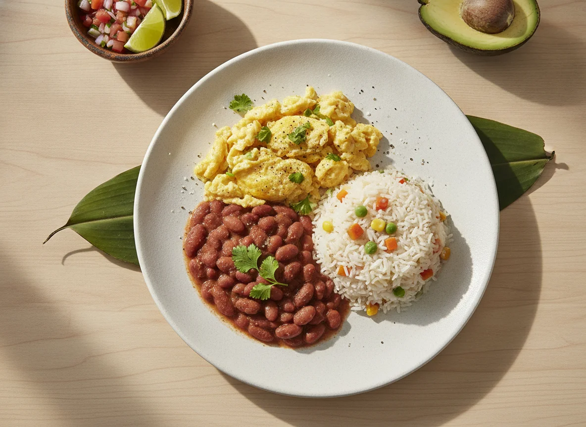 Desayuno con huevos revueltos, frijoles y arroz photo