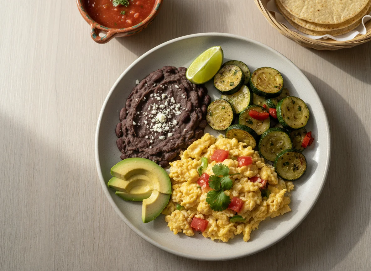 Desayuno con huevos revueltos, frijoles y calabacitas photo