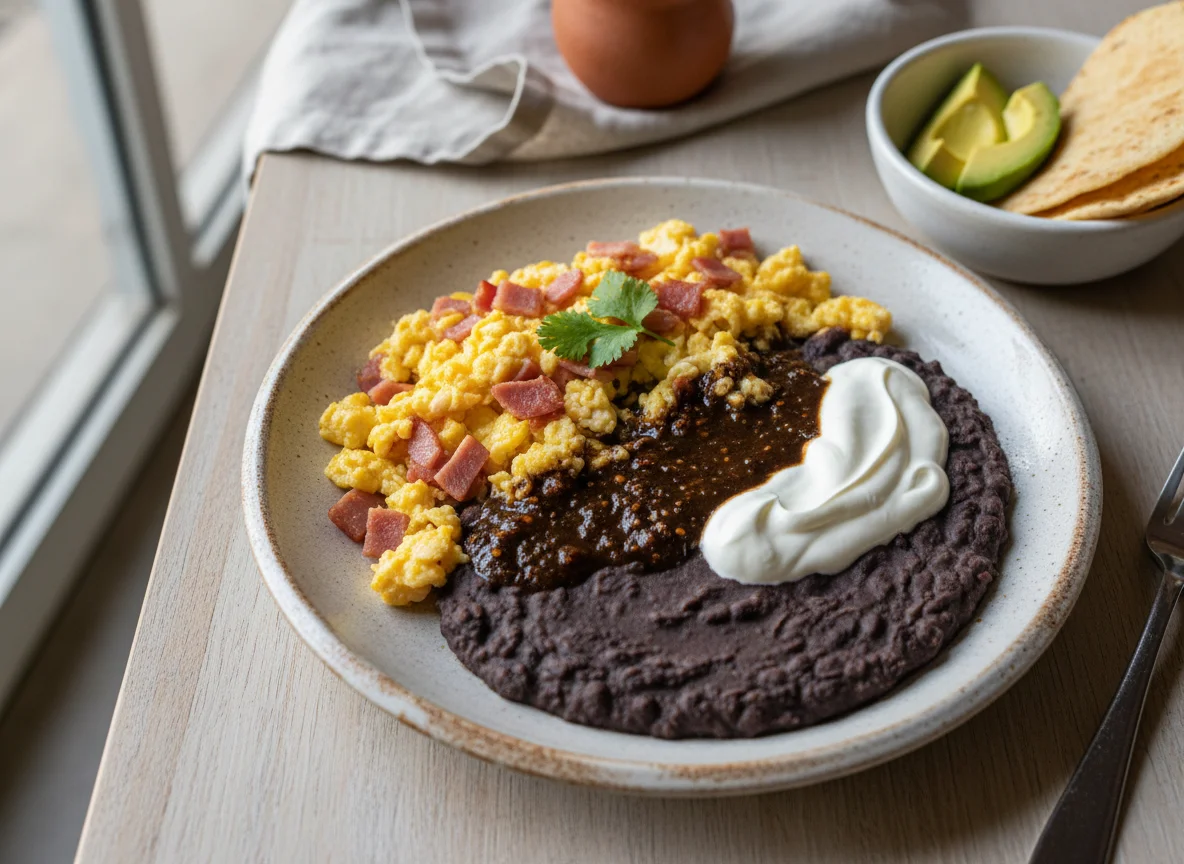 Desayuno con huevos revueltos, frijoles y crema photo