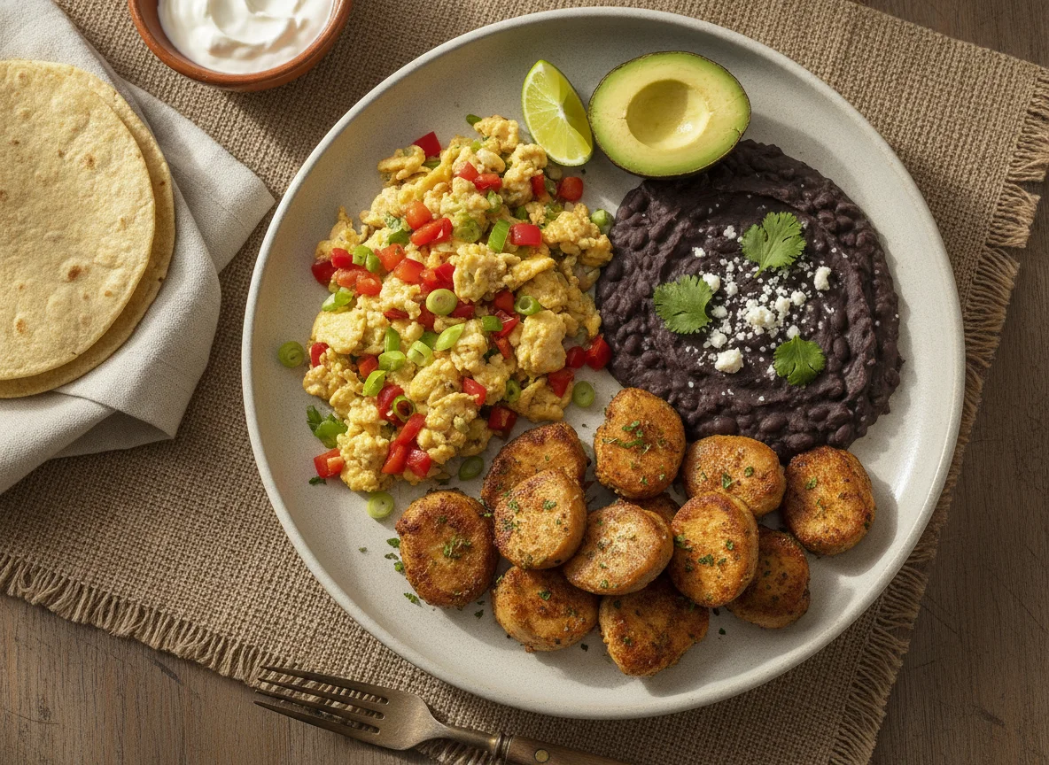 Desayuno con huevos revueltos, frijoles y mollejas photo
