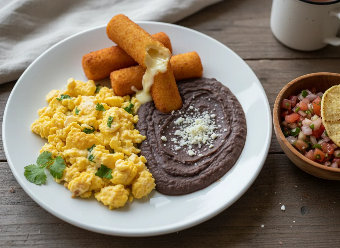 Desayuno con huevos revueltos, frijoles y palitos de queso photo