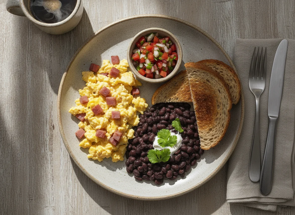 Desayuno con huevos revueltos, frijoles y pan tostado photo