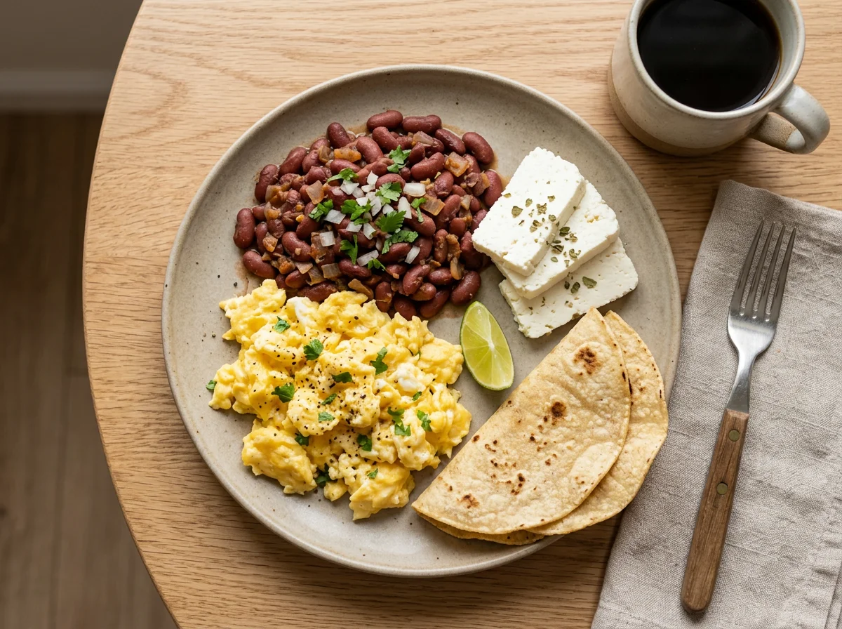 Desayuno con huevos revueltos, frijoles y queso photo