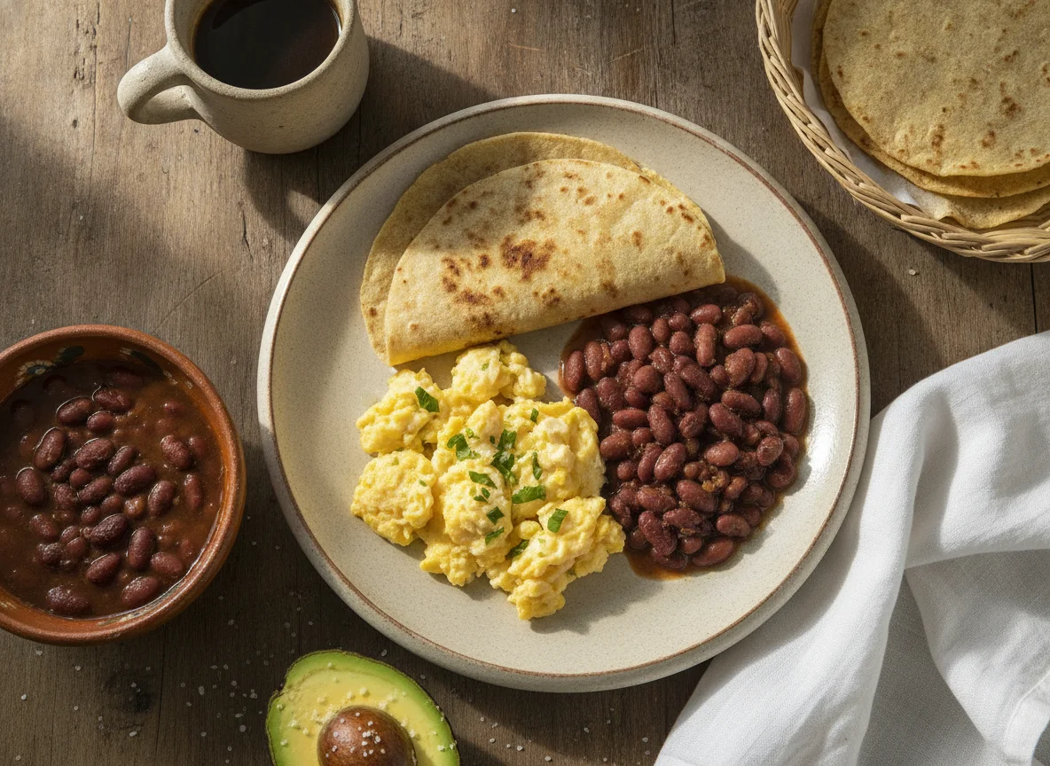 Desayuno con huevos revueltos, frijoles y tortilla photo