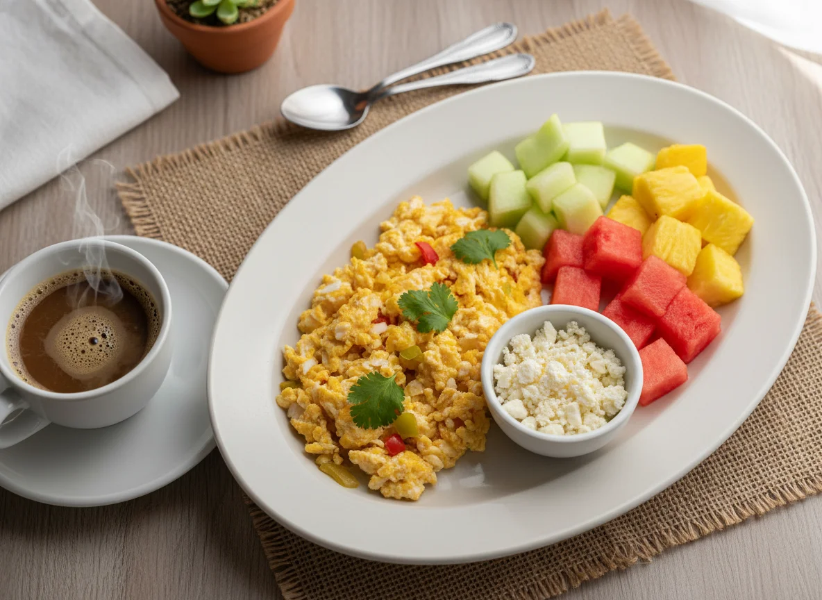 Desayuno con huevos revueltos, fruta y café photo