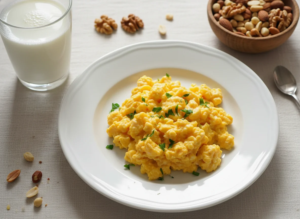 Desayuno con huevos revueltos, frutos secos y leche photo